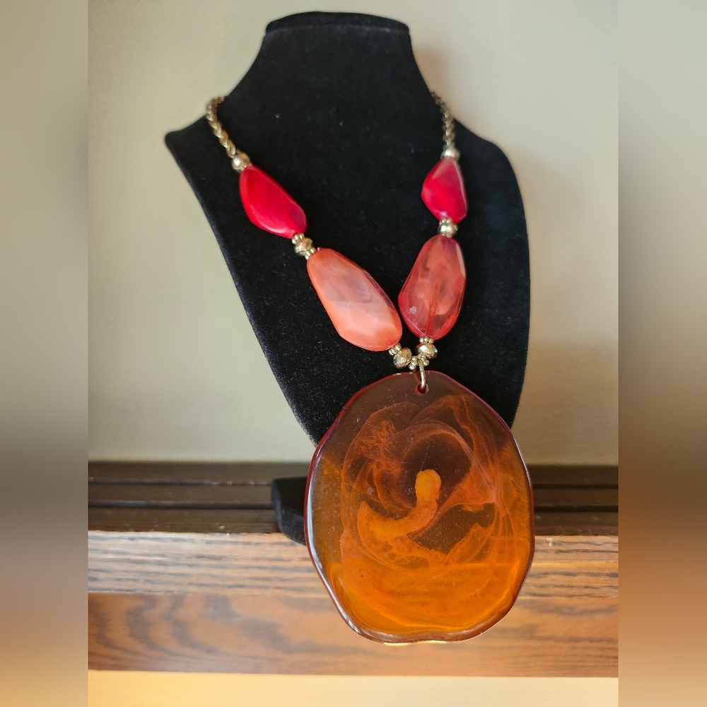 Statement Necklace, bib, collar.  Lg center disc is amber colored. Vintage